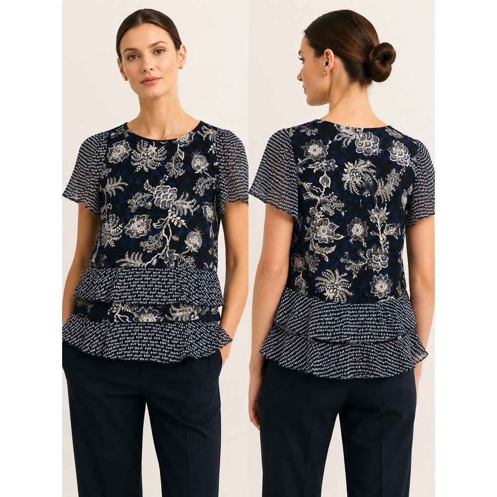 CAbi Hybrid Blouse Women XS Navy Floral Excellent Mixed Print Ruffle Top 5355